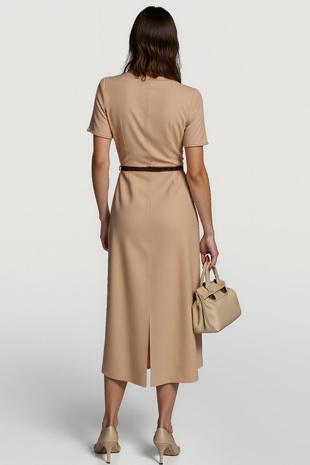 Camel Satin Bodycon Midi Work Dress with Sleeves