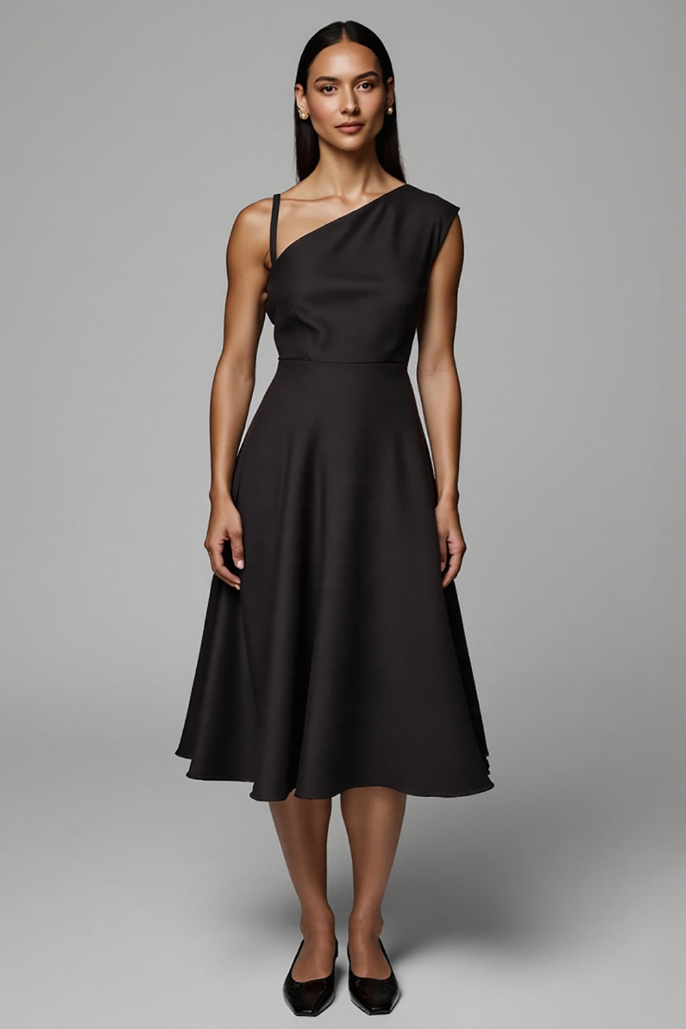 A Line Asymmetrical Midi Black Work Dress