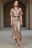 Sheath Lapel Midi Champagne Work Dress With Sequins