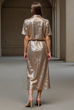 Sheath Lapel Midi Champagne Work Dress With Sequins