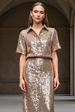 Sheath Lapel Midi Champagne Work Dress With Sequins