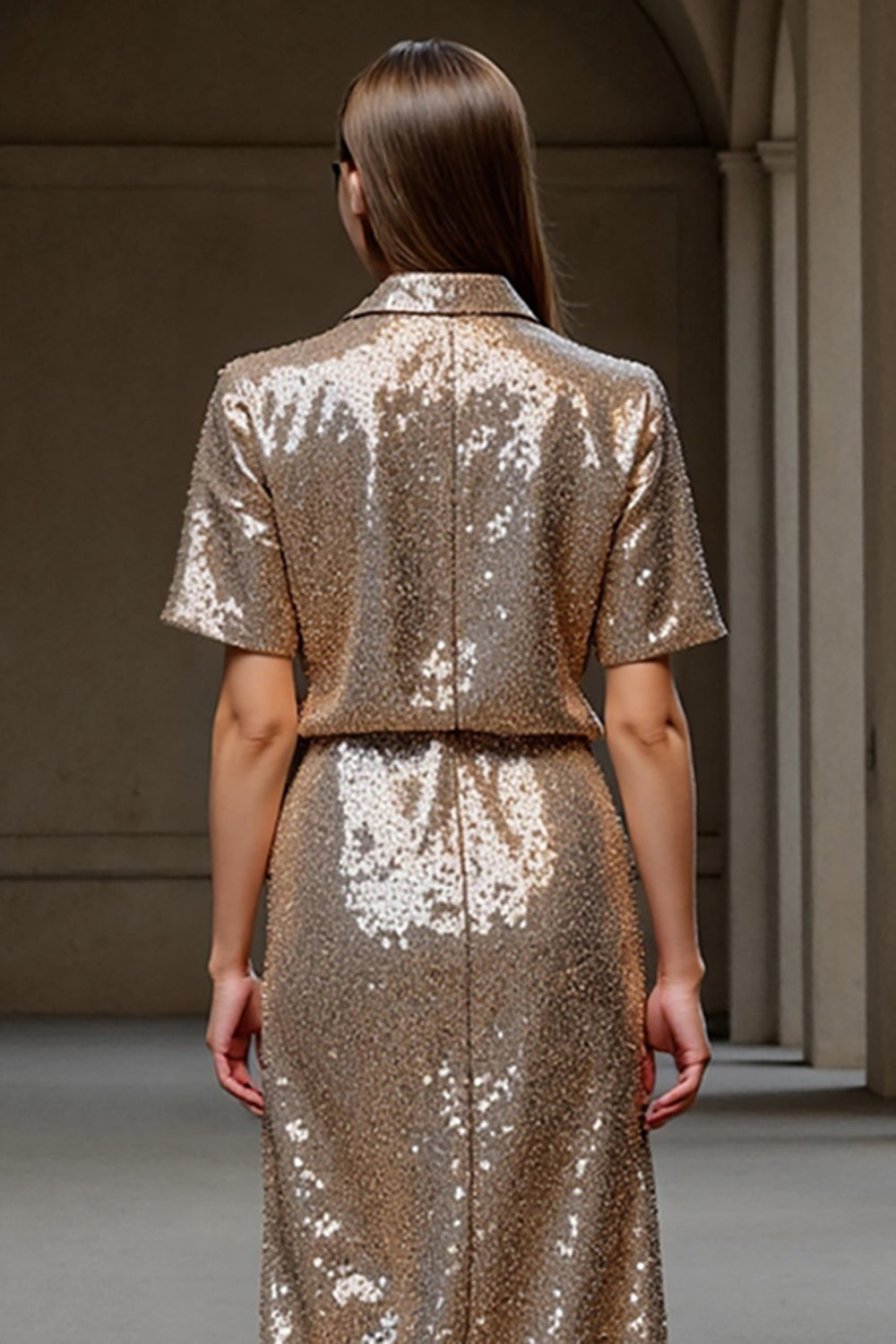 Sheath Lapel Midi Champagne Work Dress With Sequins
