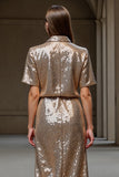 Sheath Lapel Midi Champagne Work Dress With Sequins