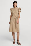 A Line Khaki Ruffled Midi Work Dress With Sash