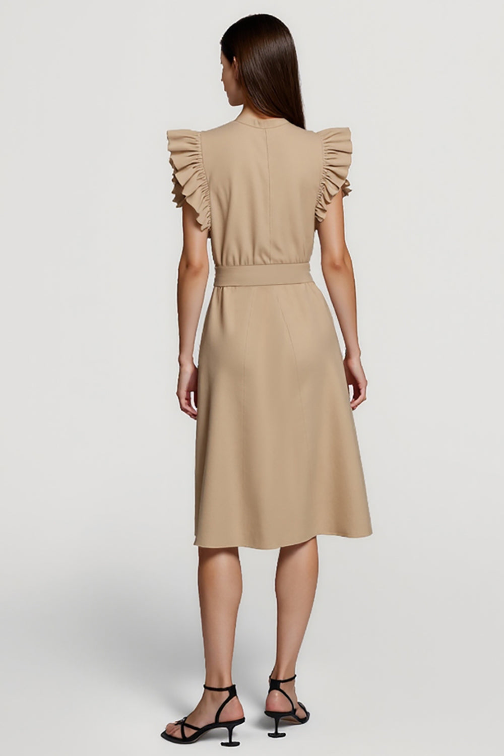 A Line Khaki Ruffled Midi Work Dress With Sash