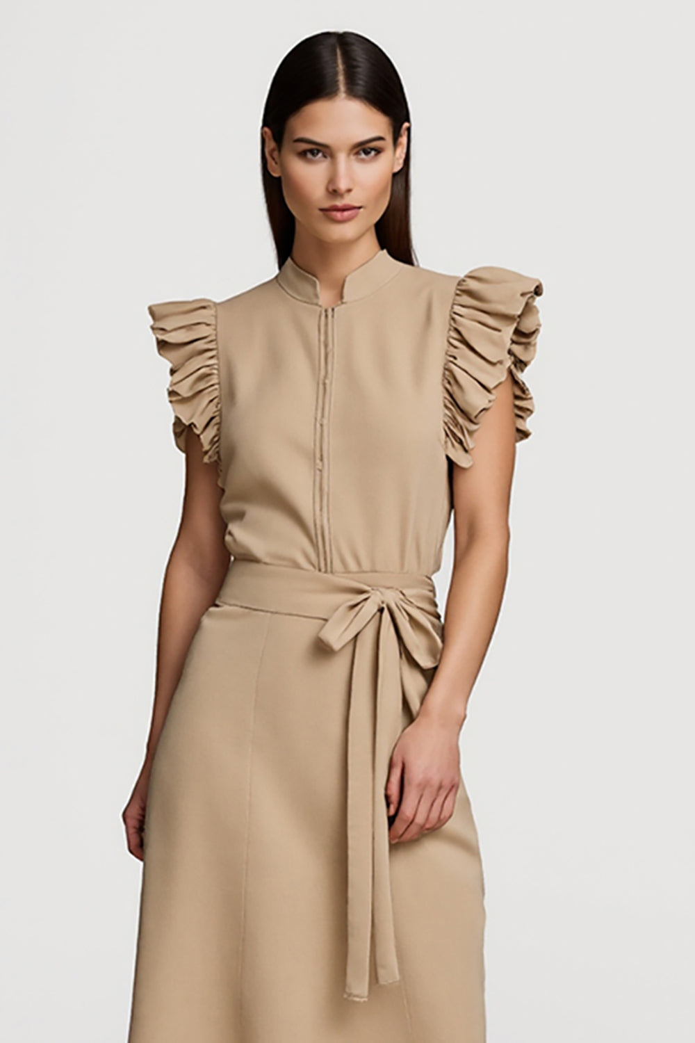 A Line Khaki Ruffled Midi Work Dress With Sash