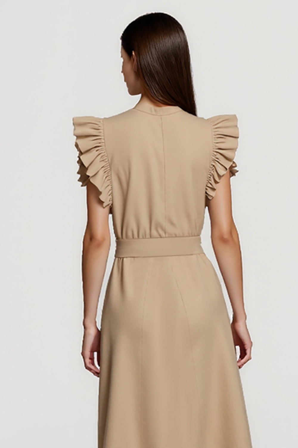 A Line Khaki Ruffled Midi Work Dress With Sash