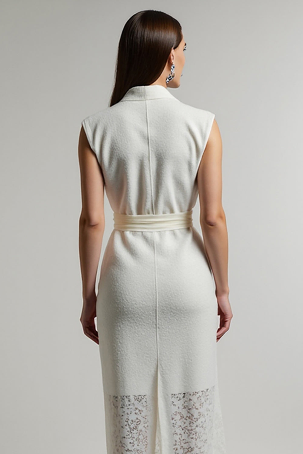 Lace Lapel A Line Ivory Work Dress With Sash