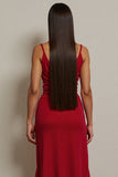 Red Ruched Spaghetti Straps Midi Work Dress
