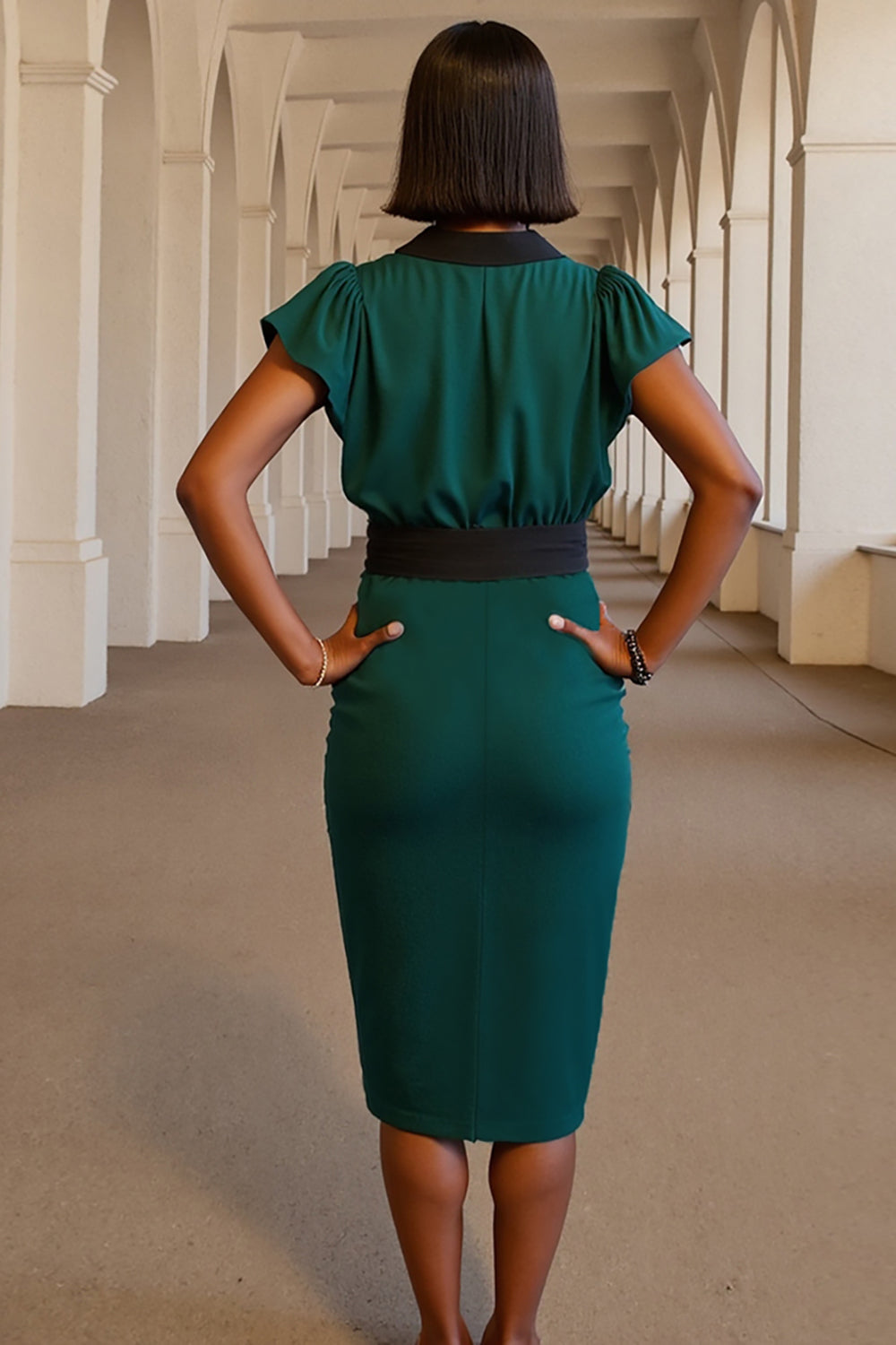 Cap Sleeve V Neck Sheath Dark Green Work Dress