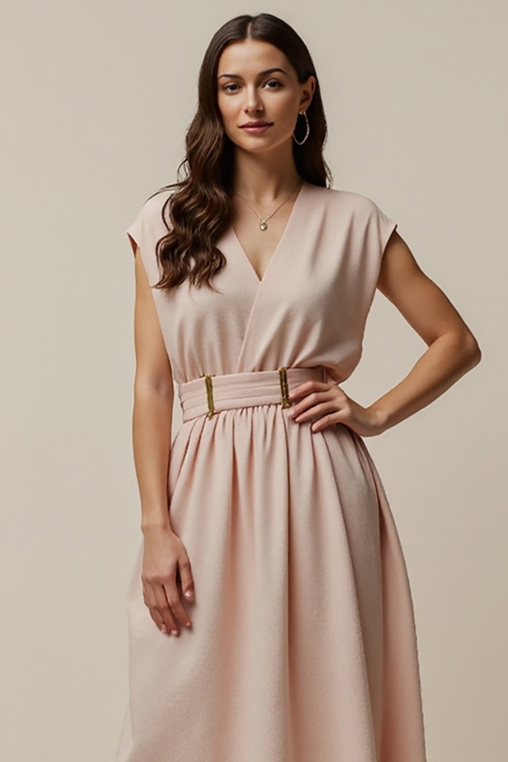 A Line V Neck Long Blush Work Dress With Belt