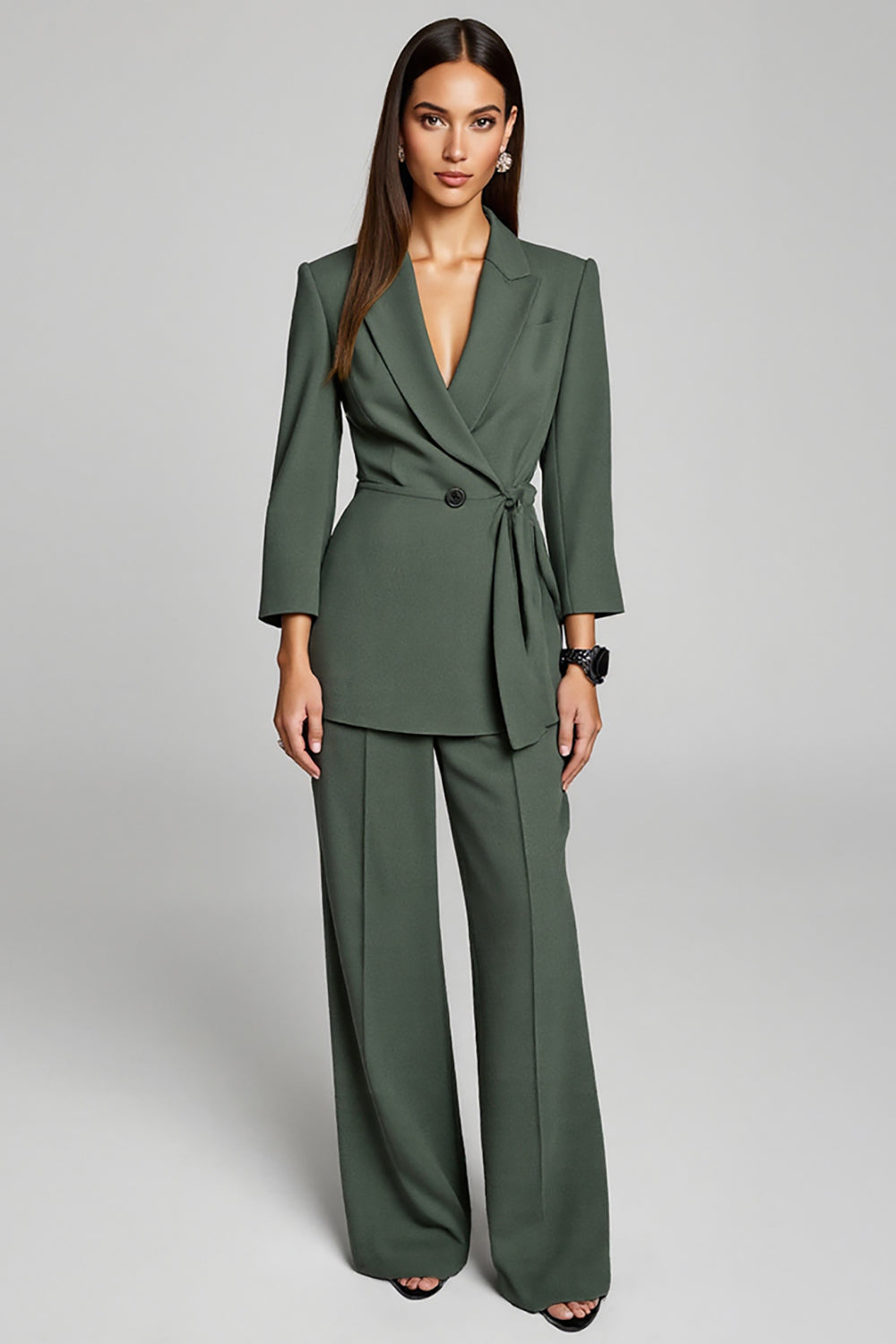 Lapel Dark Green Long Sleeve Two Piece Work Dress With Sash