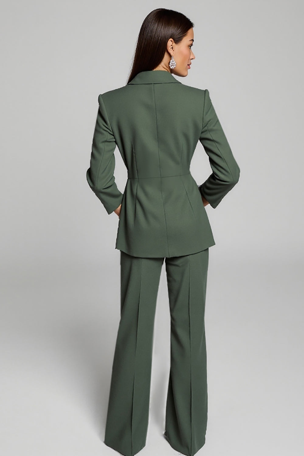 Lapel Dark Green Long Sleeve Two Piece Work Dress With Sash