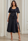 A Line Ruched Midi Navy Work Dress With Slit