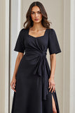 A Line Ruched Midi Navy Work Dress With Slit