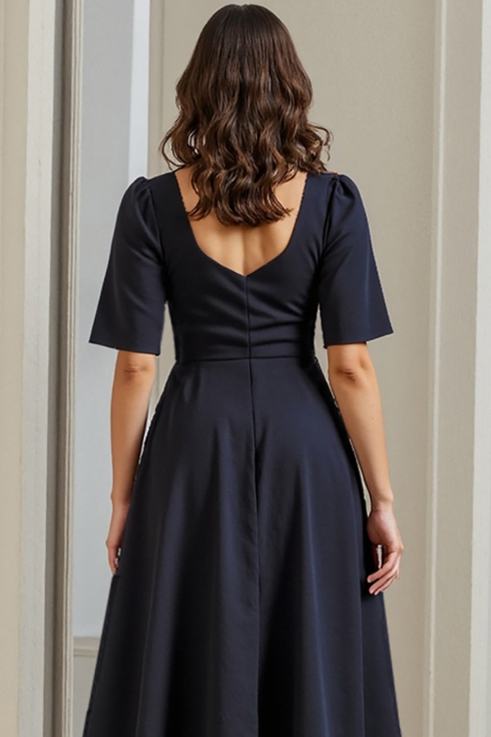A Line Ruched Midi Navy Work Dress With Slit