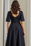 A Line Ruched Midi Navy Work Dress With Slit