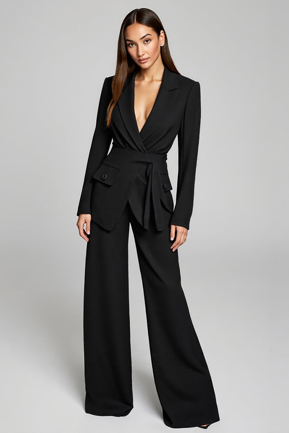 Long Sleeve Notched Lapel Black Work Dress