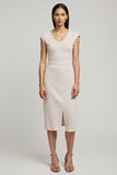 Sheath Cap Sleeve Midi Light Pink Work Dress With Slit