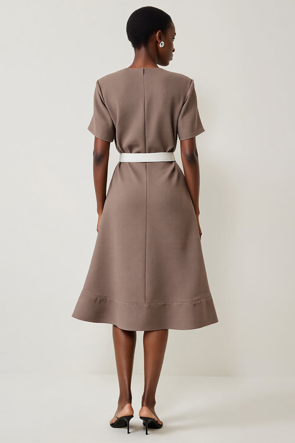 Simple A Line Grey Midi Work Dress With Belt