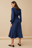 Long Sleeve Round Neck Midi Navy Work Dress