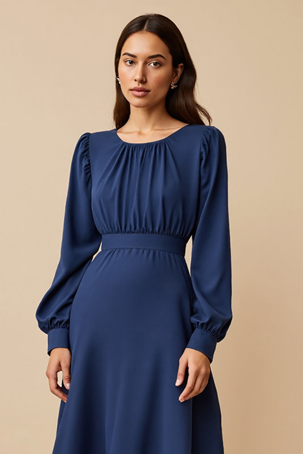 Long Sleeve Round Neck Midi Navy Work Dress