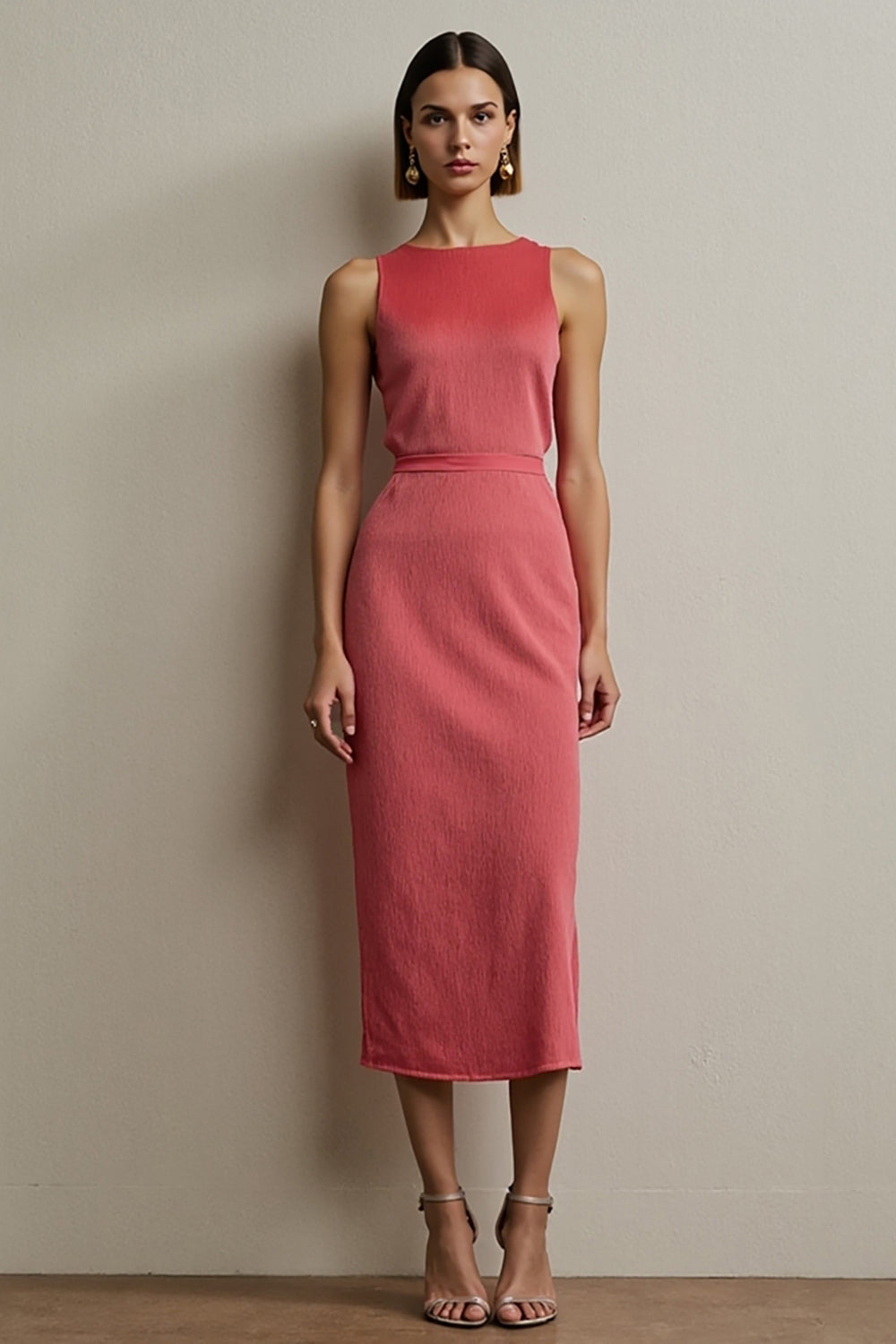Simple Red Sheath Round Neck Work Dress