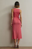 Simple Red Sheath Round Neck Work Dress