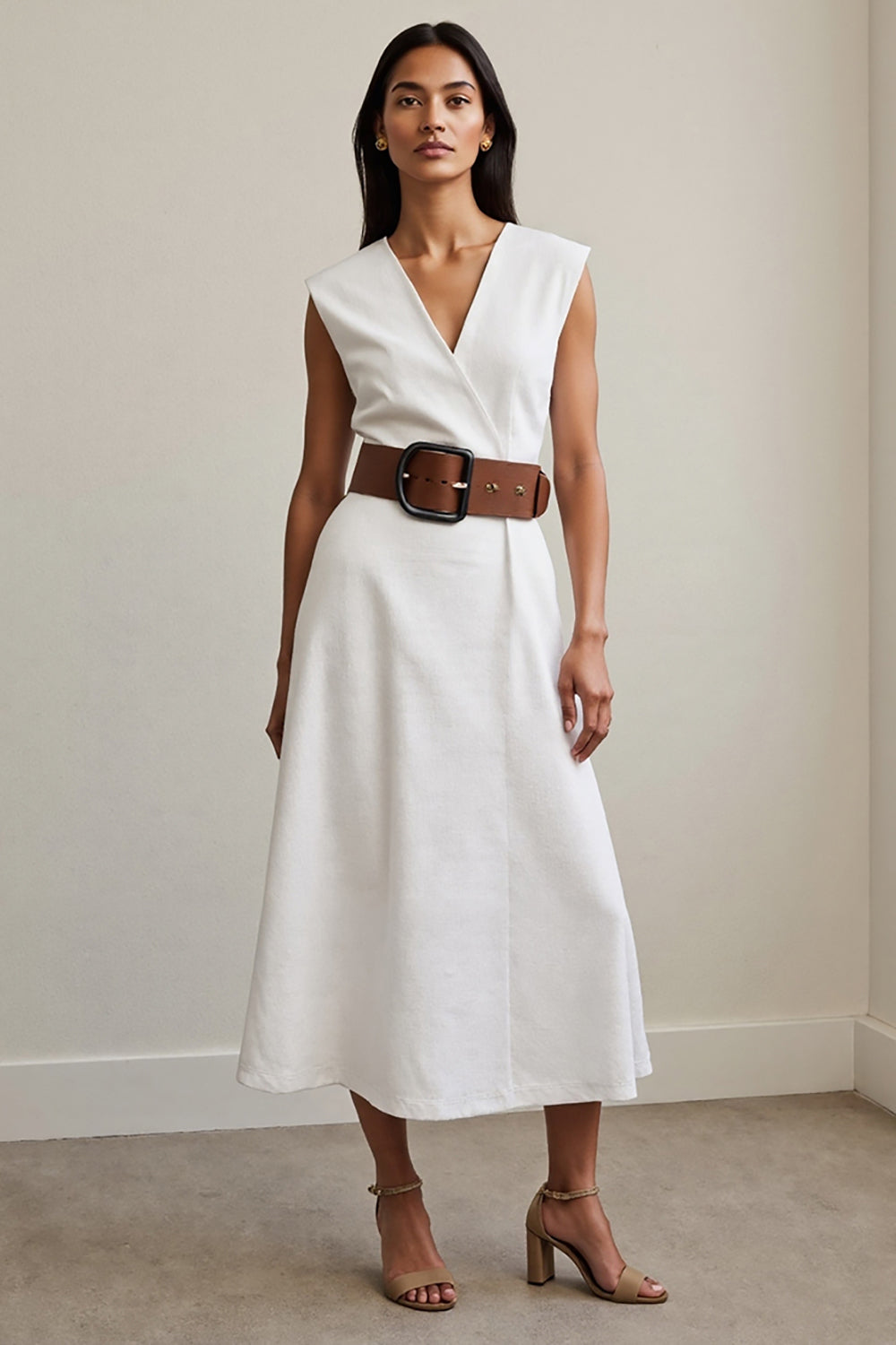V Neck A Line White Work Dress with Belt