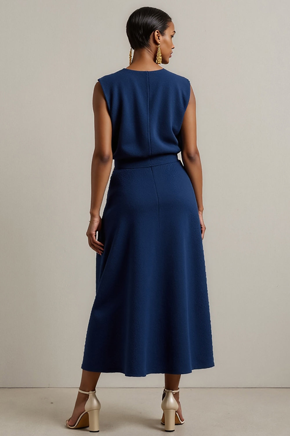 Navy Sheath Round Neck Maxi Work Dress