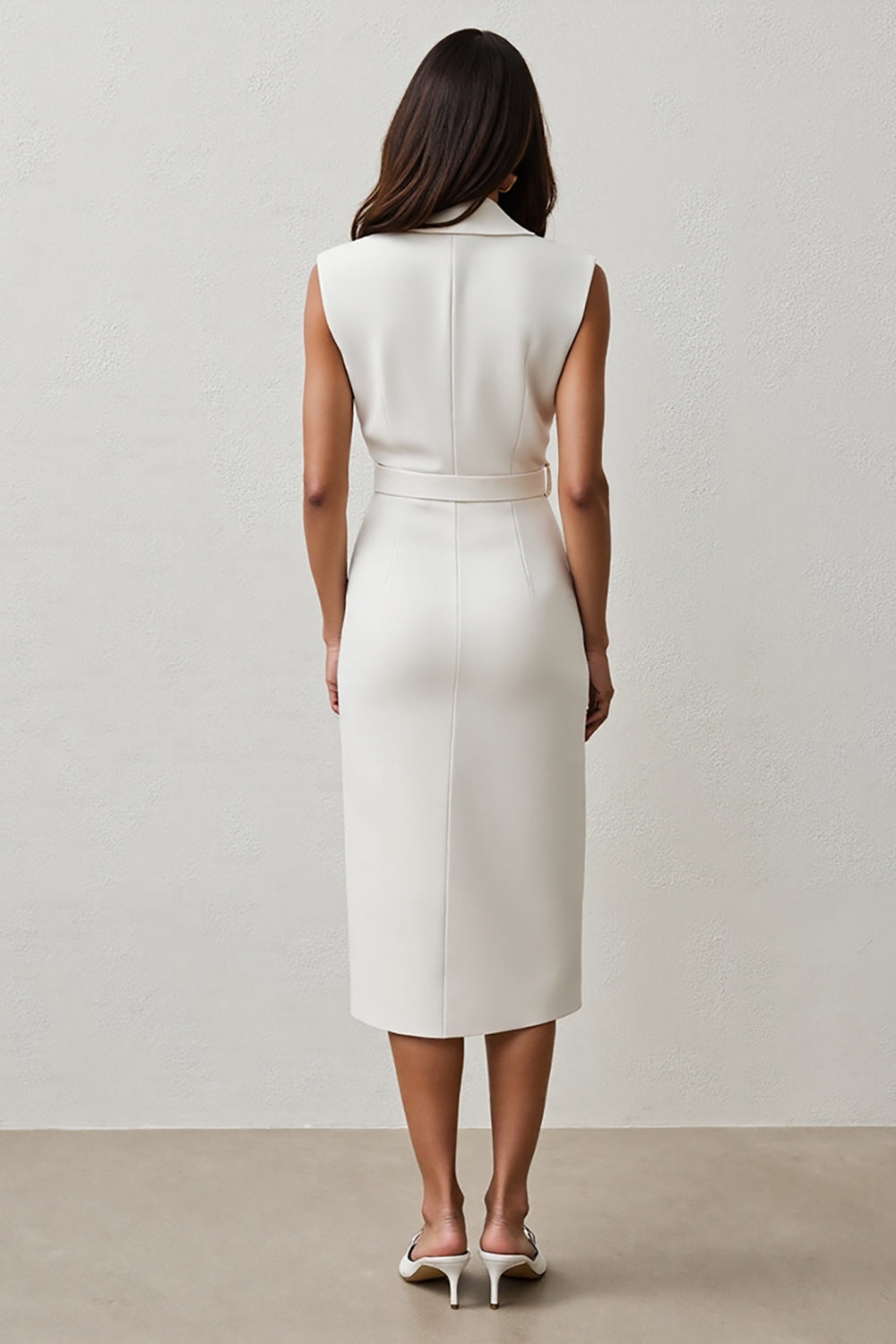 White Notched Lapel Sheath Maxi Work Dress with Belt