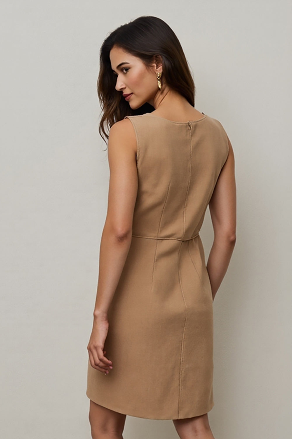 Camel Round Neck Bodycon Short Work Dress