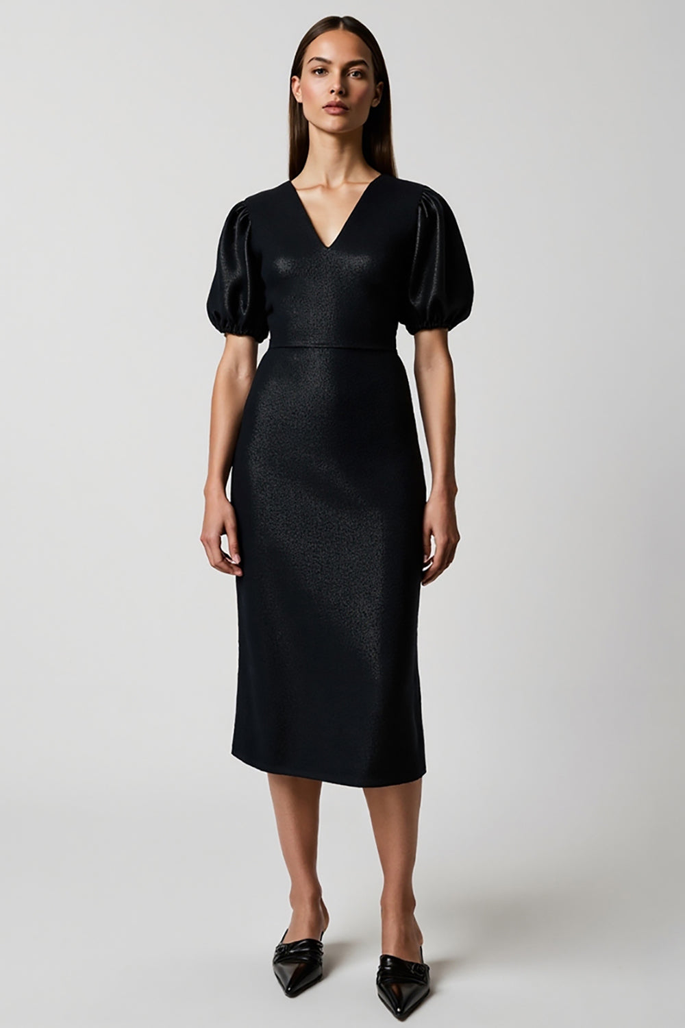 Black Bodycon V-Neck Midi Work Dress with Sleeves