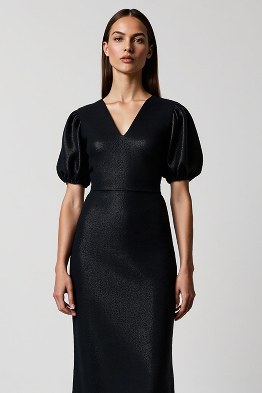 Black Bodycon V-Neck Midi Work Dress with Sleeves