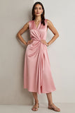 Pink Satin V-Neck Maix Work Dress with Drape