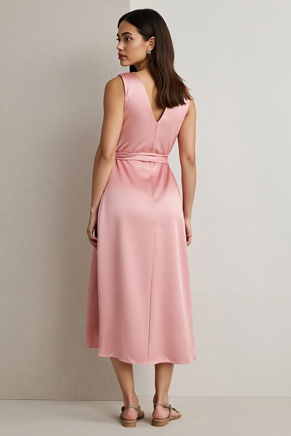 Pink Satin V-Neck Maix Work Dress with Drape
