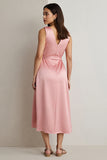 Pink Satin V-Neck Maix Work Dress with Drape