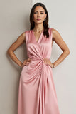 Pink Satin V-Neck Maix Work Dress with Drape