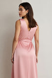 Pink Satin V-Neck Maix Work Dress with Drape