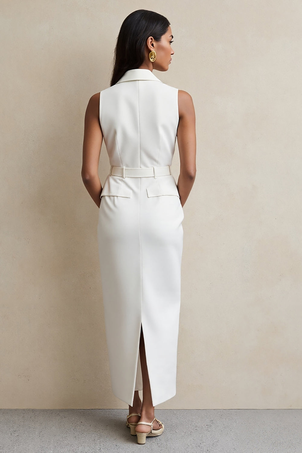 White Sheath Notched Lapel Maxi Work Dress with Belt