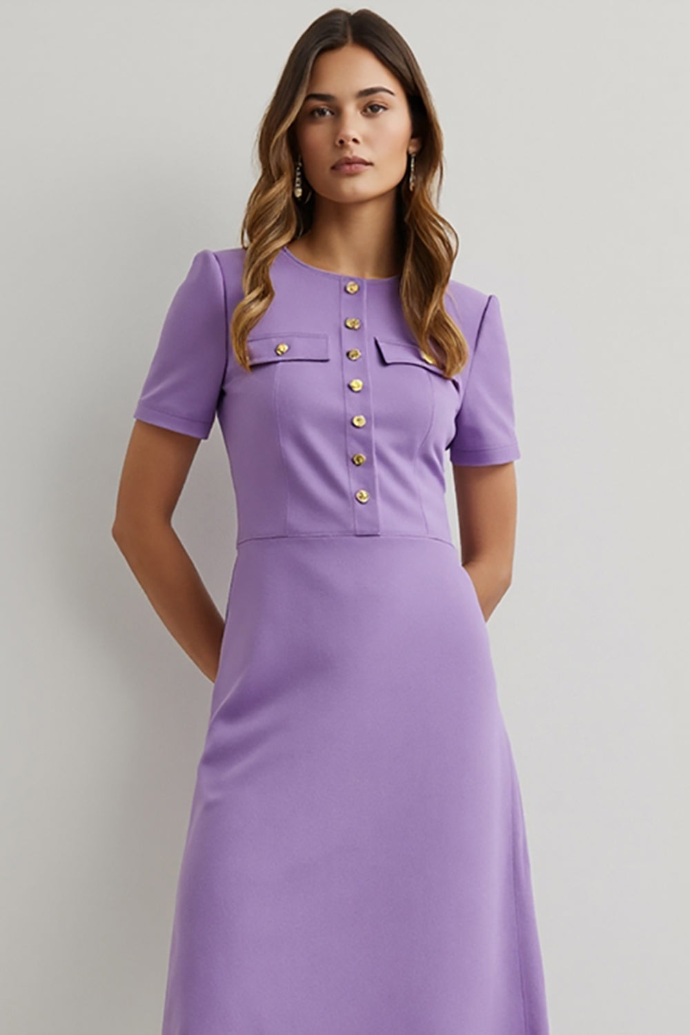 Purple Round Neck Short Sleeves Midi Work Dress