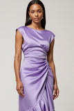 Purple Satin Bodycon Cap Sleeves Maxi Work Dress with Ruffles