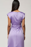 Purple Satin Bodycon Cap Sleeves Maxi Work Dress with Ruffles