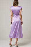 Purple Ruched Satin Maxi Work Dress