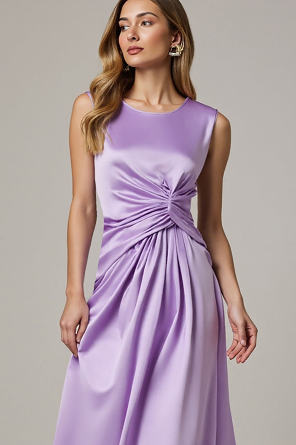 Purple Ruched Satin Maxi Work Dress