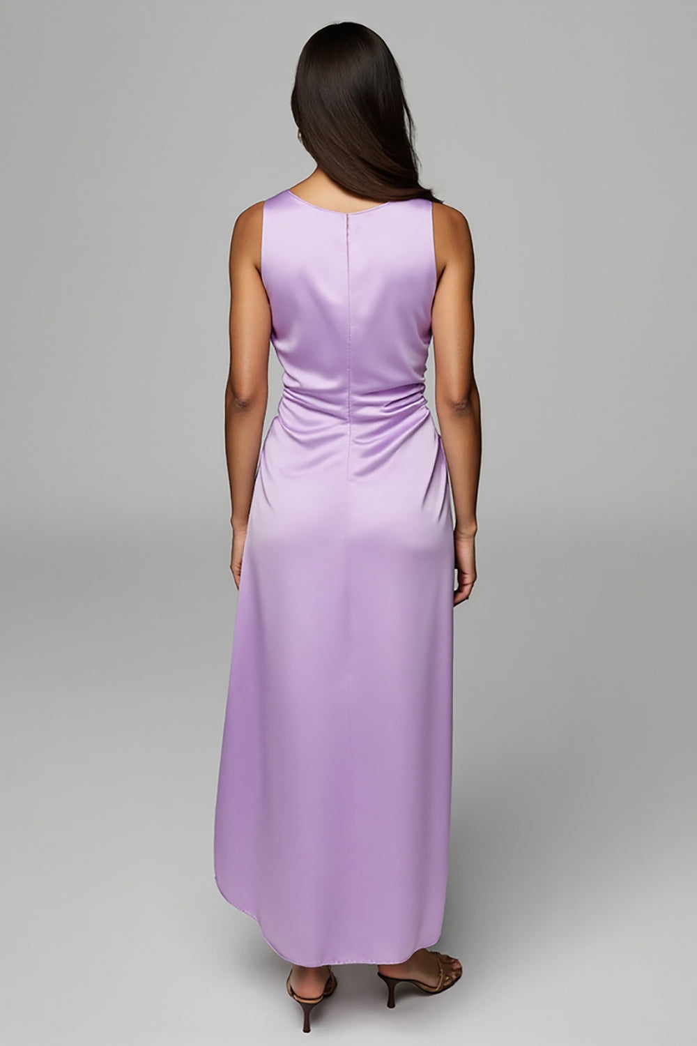 Purple Satin Sheath Boat Neck Maxi Wedding Guest Dress with Drape