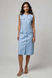 Blue Bodycon Round Neck Midi Work Dress with Pockets