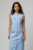 Blue Bodycon Round Neck Midi Work Dress with Pockets