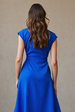 Royal Blue V-Neck Cap Sleeves A Line Maxi Work Dress with Belt
