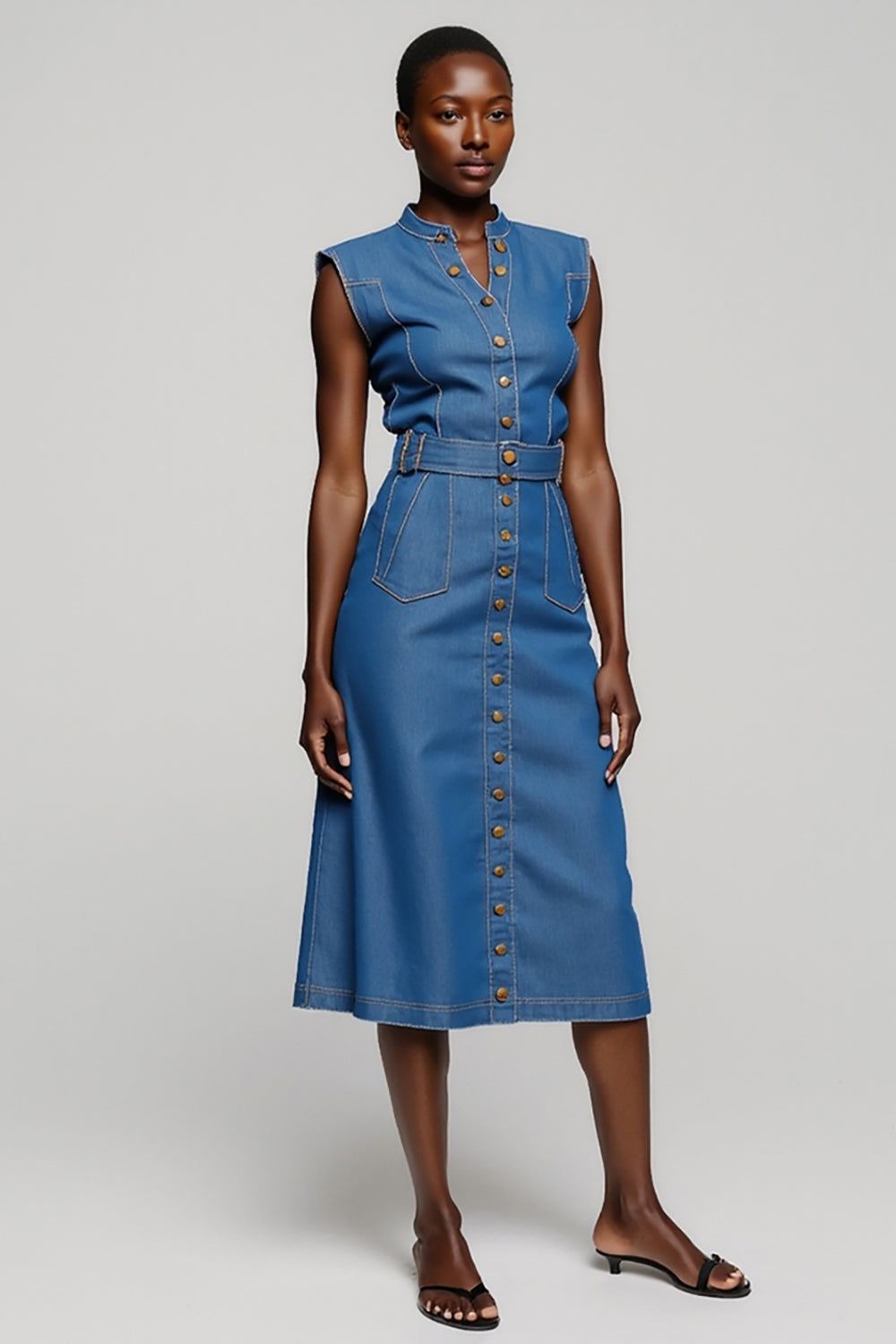 Grey Blue Midi Sheath Work Dress with Belt